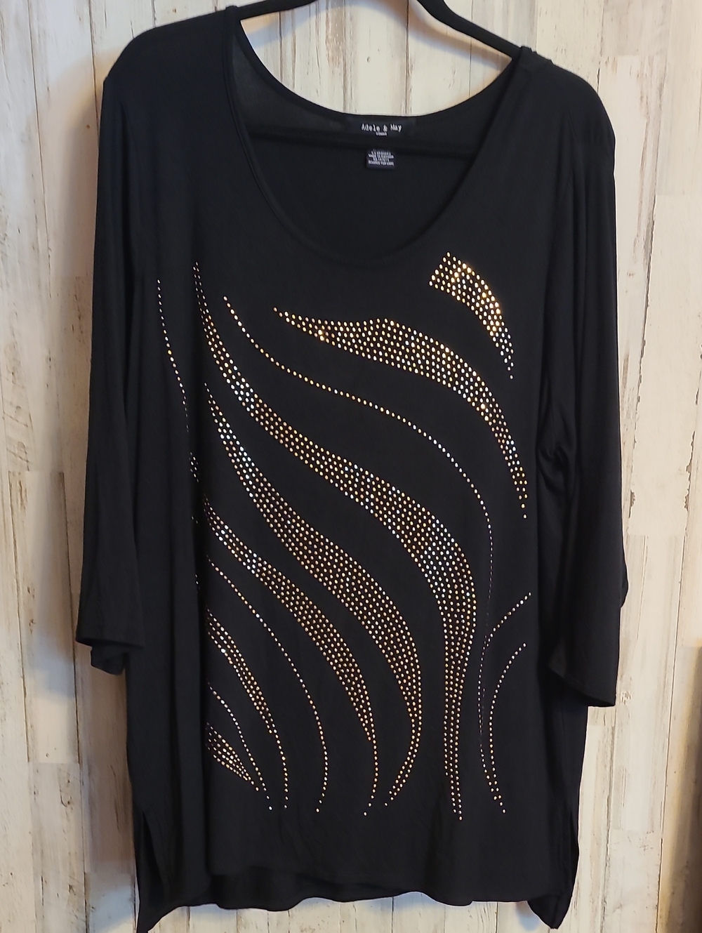 Adele And May  Black Scoop Neck Top with Gold Rhinestone Wave Design